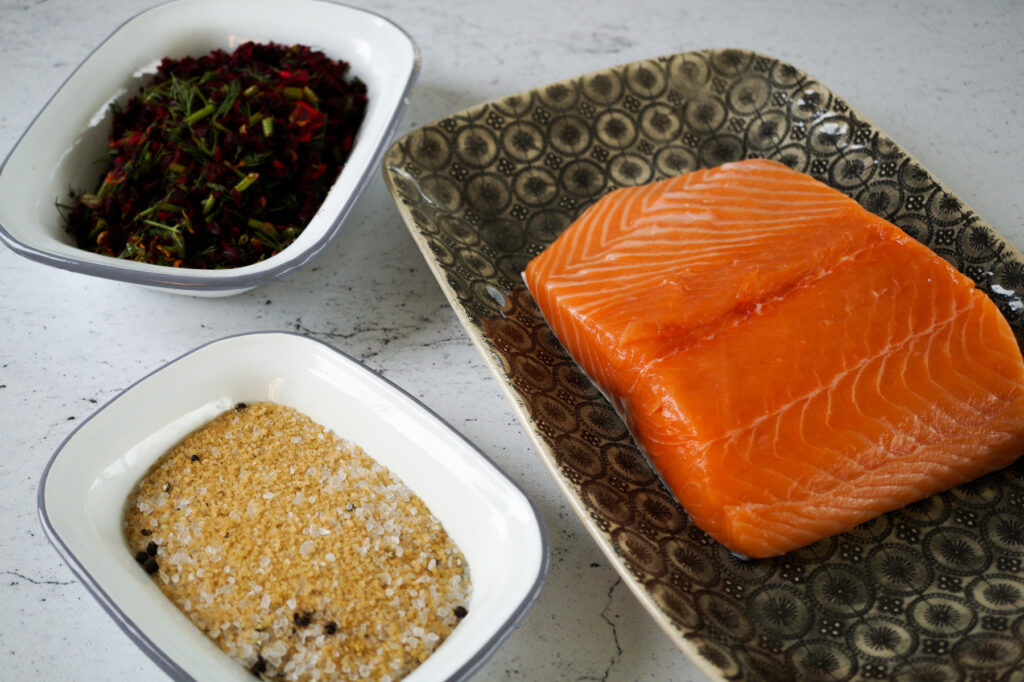 Raw Salmon with Sugar, salt and Beetroot