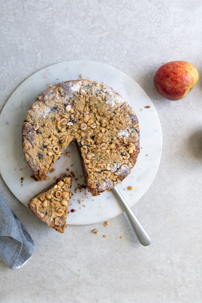 Spelt, Apple and Blackberry Crumble Cake