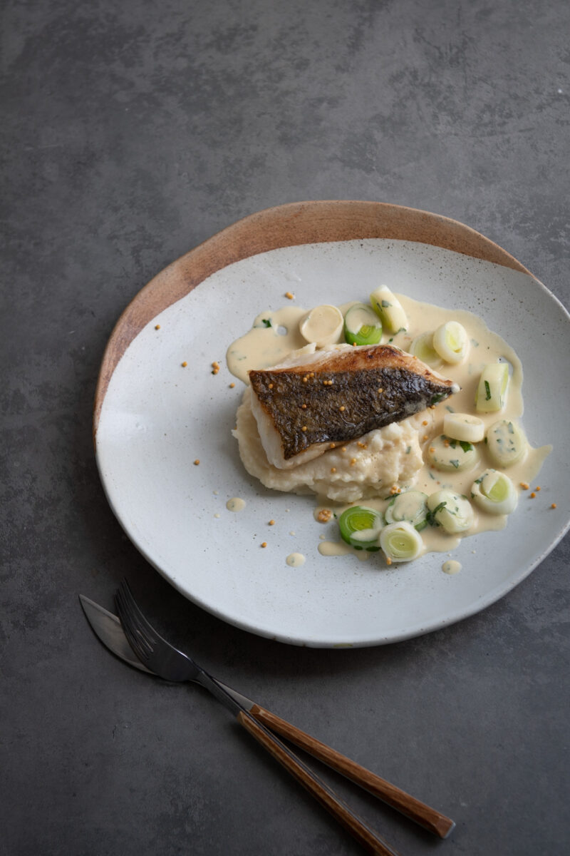 Hake, Celeriac Puree, Mustard Leek Sauce - Nordic Kitchen stories